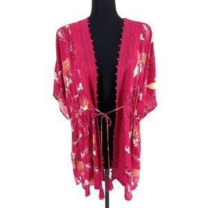 Skies Are Blue Hot Pink Floral Lace Trim Tie Front Short Sleeve Kimono Size S